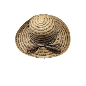 Scala Collection Womens Woven Straw Sun Hat Chevron Beaded‎ Wide Brim Tan Brown